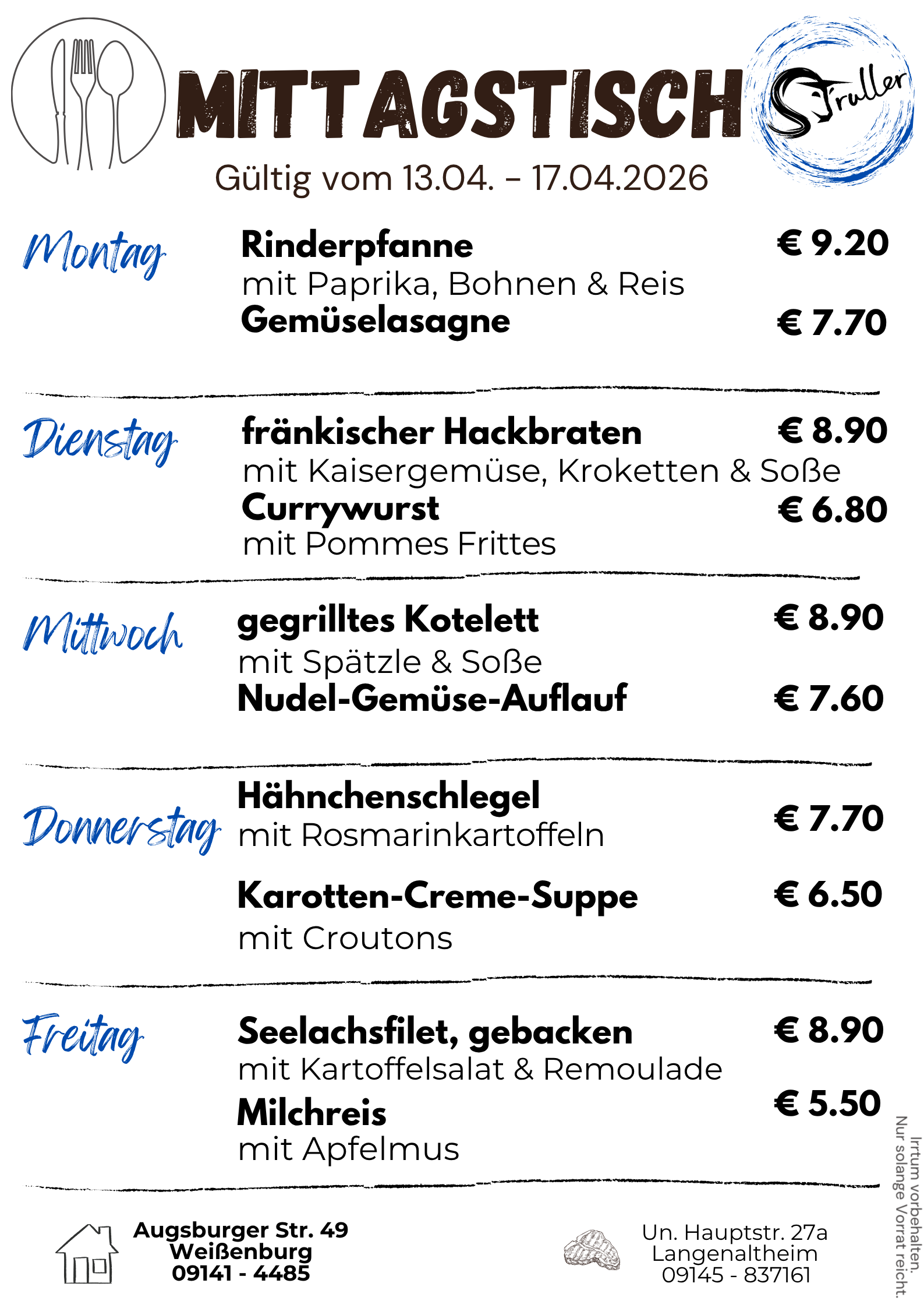 Mittagstisch Menü für April 2026