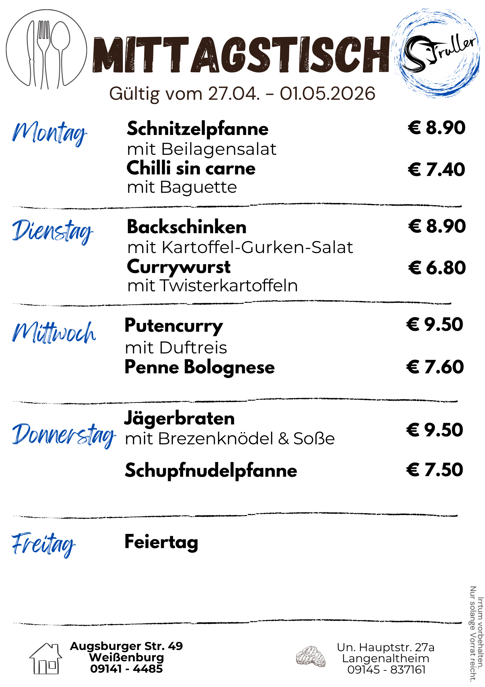 Mittagstisch Wochenkarte mit Preisen